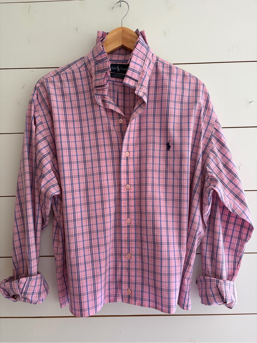 Viral Reworked Upcycled RALPH LAUREN Pink/Navy Plaid Shirt Ruffle Collar, XLarge